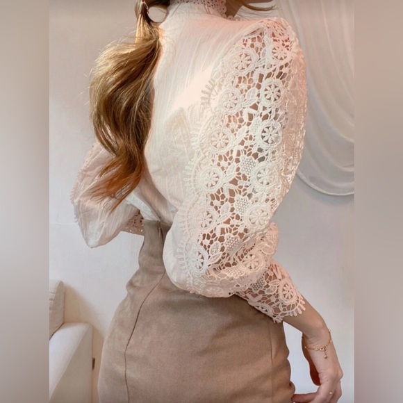 Mock neck Puff sleeve Lace Blouse in Apricot - Picture 4 of 12